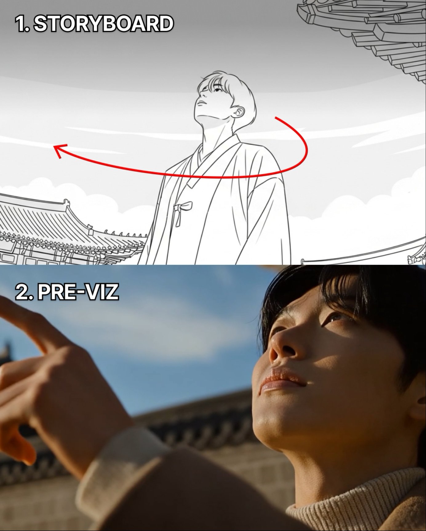 AI 스토리보드와 프리비즈 비교 — 1. STORYBOARD 콘티 라인드로잉과 2. PRE-VIZ 생성 이미지