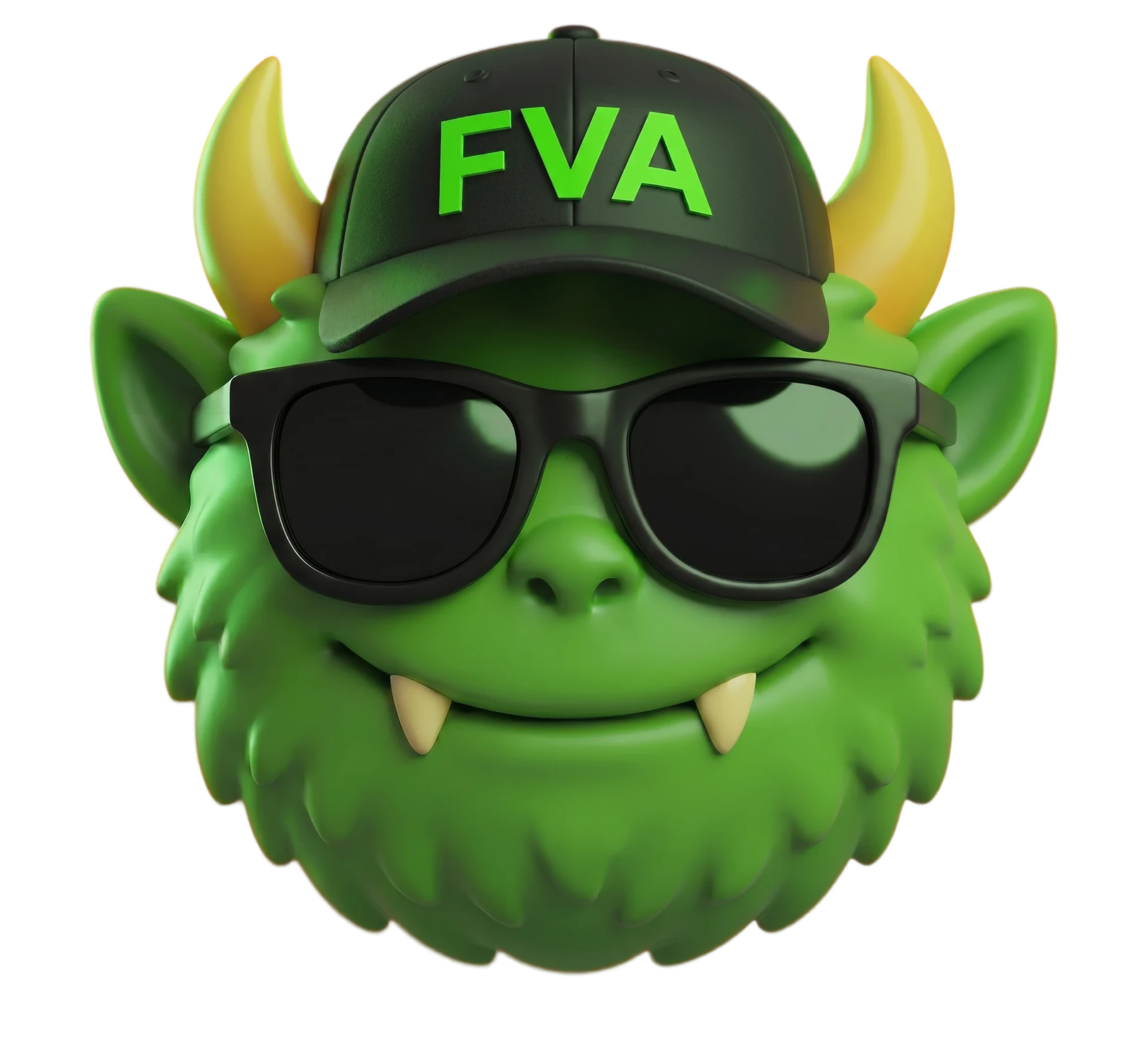 FVA 캐릭터 마스코트 — FVA 로고 모자와 선글라스를 쓴 초록 몬스터